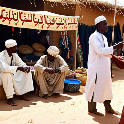 Home 16 **Image of Chad Arabic dialect:** A vibrant scene in a Chadian market, with people conversing in Chad Arabic, showcasing unique pronunciations and a blend of French loanwords amidst traditional Arab attire. Capture the essence of the language's soft "qaf" sound.