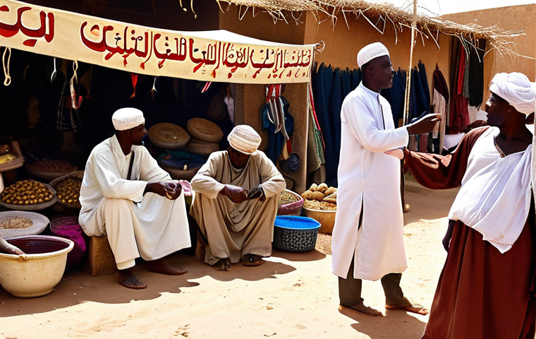 **Image of Chad Arabic dialect:** A vibrant scene in a Chadian market, with people conversing in Chad Arabic, showcasing unique pronunciations and a blend of French loanwords amidst traditional Arab attire. Capture the essence of the language's soft "qaf" sound.