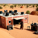 A vibrant oasis in the Chadian desert, symbolizing the birth of Chadian cinema amidst harsh conditions, with film equipment subtly incorporated into the landscape.