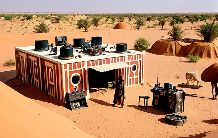 A vibrant oasis in the Chadian desert, symbolizing the birth of Chadian cinema amidst harsh conditions, with film equipment subtly incorporated into the landscape.