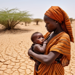 A Chadian mother holding her newborn baby in a dry, arid landscape, symbolizing the harsh realities of childbirth in Chad.