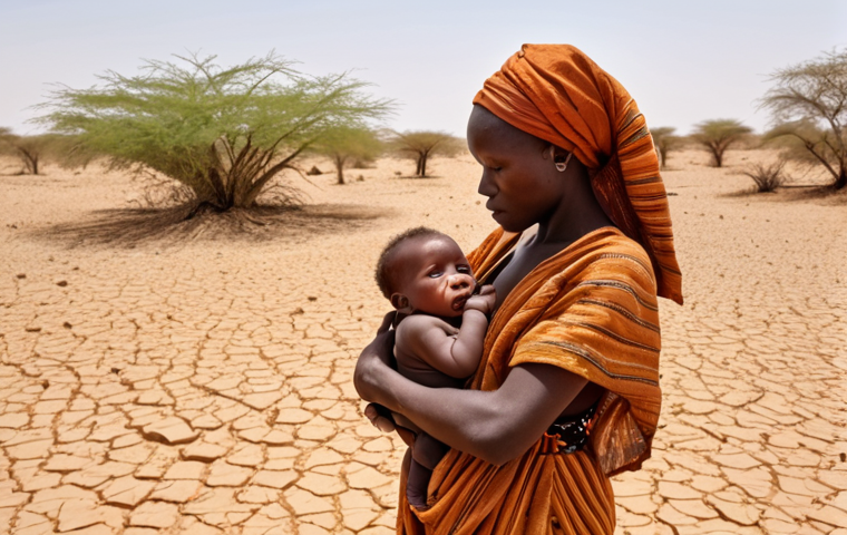 A Chadian mother holding her newborn baby in a dry, arid landscape, symbolizing the harsh realities of childbirth in Chad.